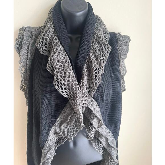 Artsy Ruffle Knit Vest Waterfall Drape Mesh Trim Boho Layered Teacher Style M - Picture 3 of 5